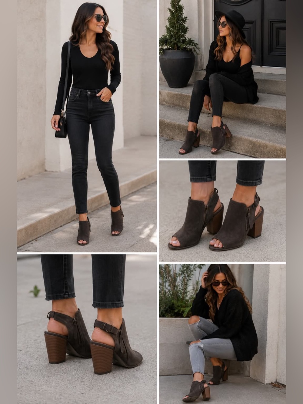 Sugar Open-Toe Block Heel Booties in Taupe